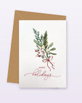 Weihnachtskarte Happy Holidays mit Aquarell-Zweig und roter Schleife