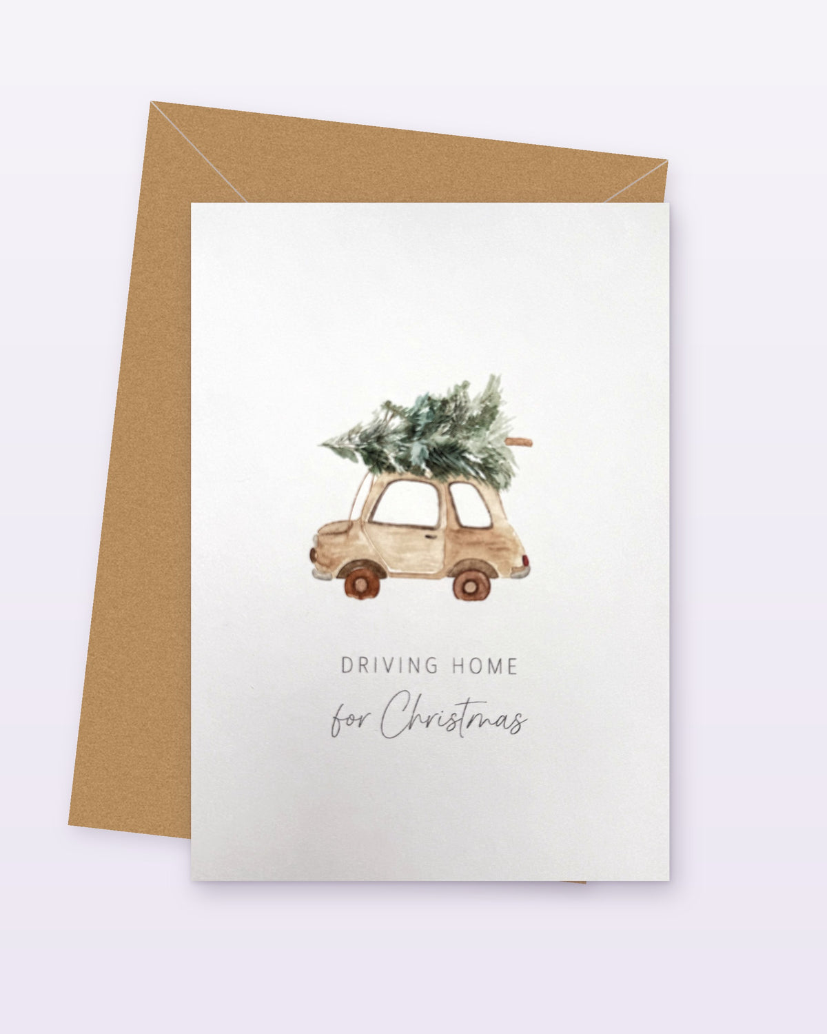 Weihnachtskarte Driving Home for Christmas mit Auto und Tanne