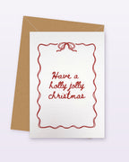 Weihnachtskarte Have a Holly Jolly Christmas mit rotem Wellenrahmen